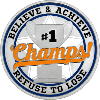 Orange "Champs!" with Navy Blue Outer Circular Borders
